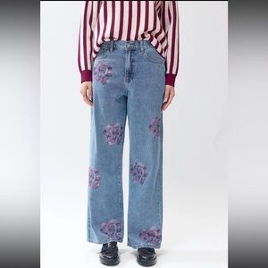 Blue Floral Wide Leg Jeans. From Italy
